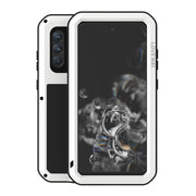 For Samsung Galaxy S21 FE LOVE MEI Metal Shockproof Water-resistant Dustproof Protective Phone Case with Glass(White)
