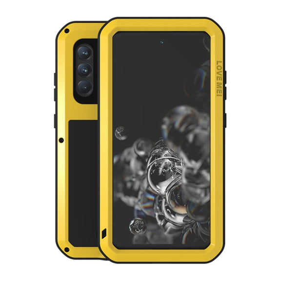 For Samsung Galaxy S21 FE LOVE MEI Metal Shockproof Water-resistant Dustproof Protective Phone Case with Glass(Yellow)