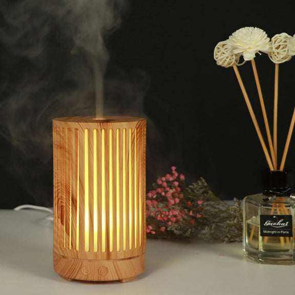 USB 200ml Hollow-out Forest Pattern Wooden Essential Oil Aromatherapy Machine Ultrasonic Humidifier Automatic Alcohol Sprayer(Light Brown-2)