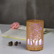 USB 200ml Hollow-out Forest Pattern Wooden Essential Oil Aromatherapy Machine Ultrasonic Humidifier Automatic Alcohol Sprayer(Light Brown-3)