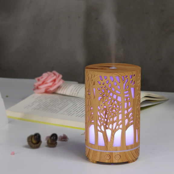 USB 200ml Hollow-out Forest Pattern Wooden Essential Oil Aromatherapy Machine Ultrasonic Humidifier Automatic Alcohol Sprayer(Light Brown-3)