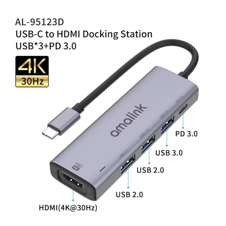 amalink 95123D Type-C / USB-C to HDMI + 3 Ports USB + PD 3.0 Multi-function HUB(Grey) - free shipping - PMC Jewellery - Order now!