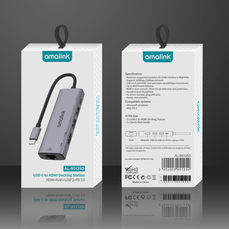 amalink 95125D Type-C / USB-C to HDMI + RJ45 + 2 Ports USB + PD 3.0 Multi-function HUB(Grey)