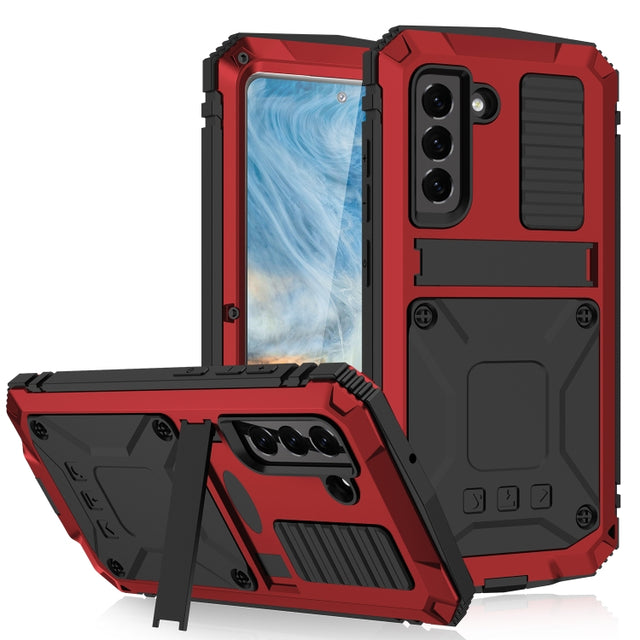 For Samsung Galaxy S21 FE R-JUST Rugged Phone Case with Holder(Red)