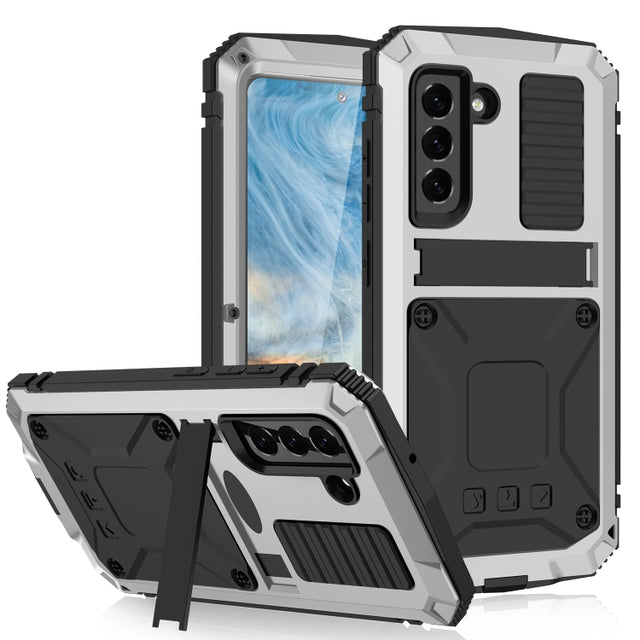 For Samsung Galaxy S21 FE R-JUST Rugged Phone Case with Holder(Silver)