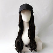 Hat Big Curve Wig One-piece Long Curly Chemical Fiber Headgear for Women(Black)