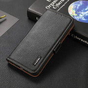 For Motorola Moto E7 Power KHAZNEH Side-Magnetic Litchi Genuine Leather RFID Case(Black)