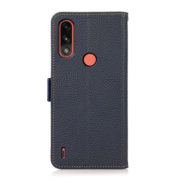 For Motorola Moto E7 Power KHAZNEH Side-Magnetic Litchi Genuine Leather RFID Case(Blue)