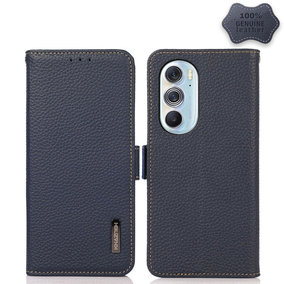 For Motorola Edge X30 KHAZNEH Side-Magnetic Litchi Genuine Leather RFID Case(Blue)