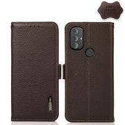 For Motorola Moto G Power 2022 KHAZNEH Side-Magnetic Litchi Genuine Leather RFID Case(Brown)