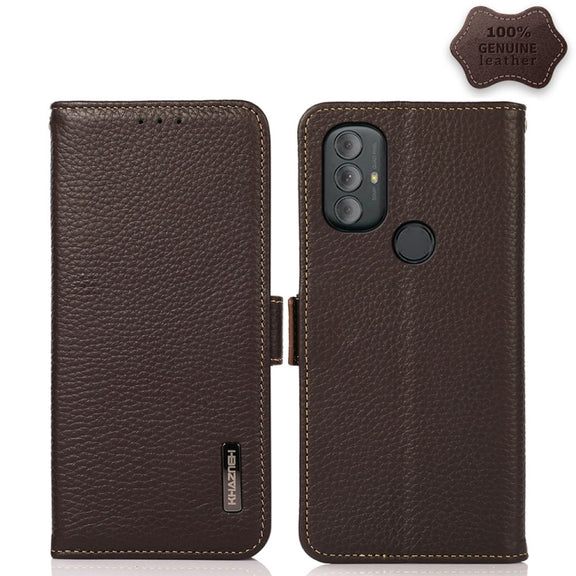 For Motorola Moto G Power 2022 KHAZNEH Side-Magnetic Litchi Genuine Leather RFID Case(Brown)