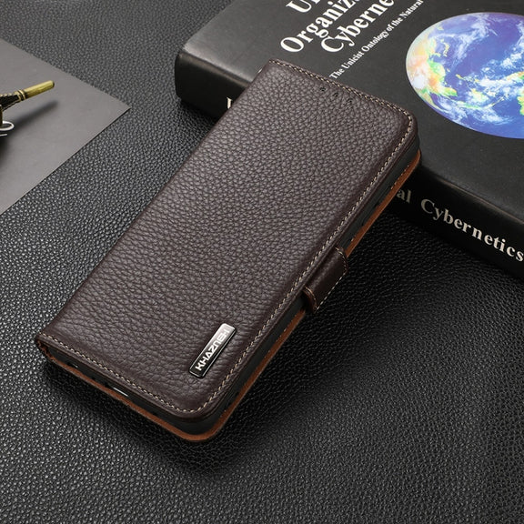 For Motorola Moto G Power 2022 KHAZNEH Side-Magnetic Litchi Genuine Leather RFID Case(Brown)