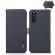 For Sony Xperia 10 III KHAZNEH Side-Magnetic Litchi Genuine Leather RFID Case(Blue)