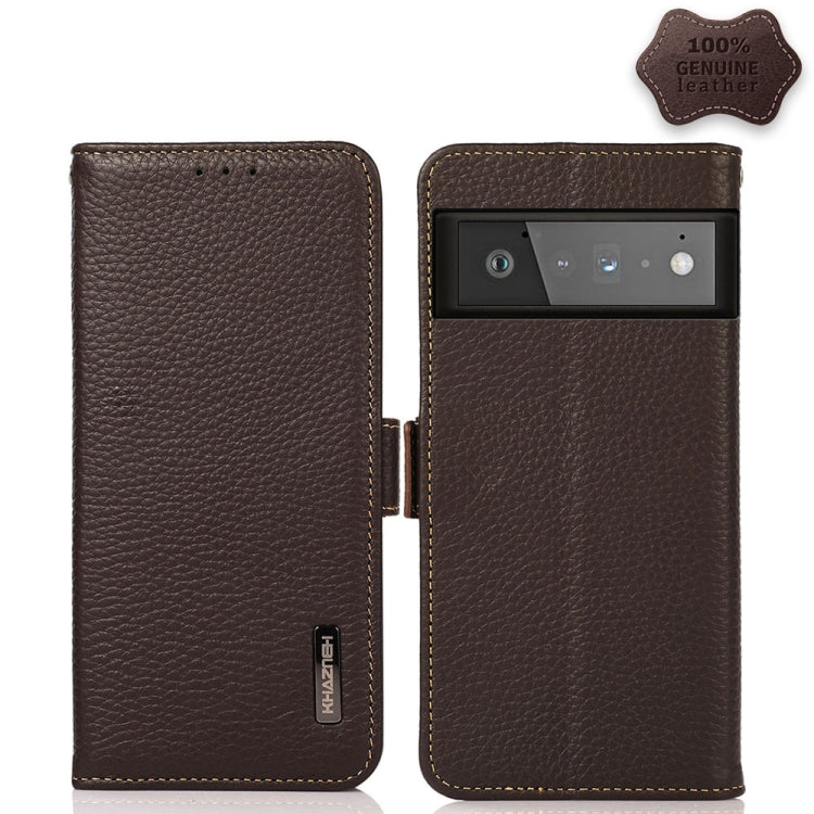 For Google Pixel 6 Pro KHAZNEH Side-Magnetic Litchi Genuine Leather RFID Case(Brown) - Google Cases by PMC TechLife | Online Shopping South Africa | PMC TechLife | Buy Now Pay Later Mobicred