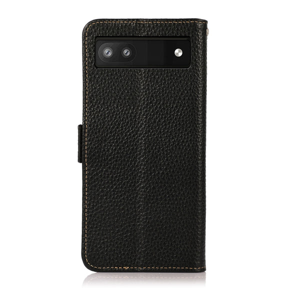 For Google Pixel 6a KHAZNEH Side-Magnetic Litchi Genuine Leather RFID Case(Black)
