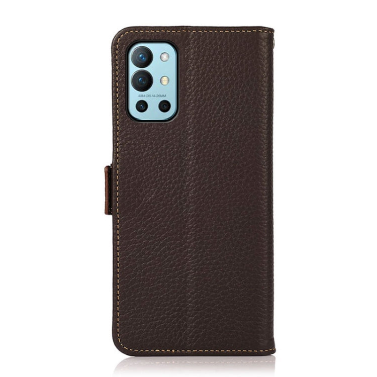 For OnePlus 9R KHAZNEH Side-Magnetic Litchi Genuine Leather RFID Phone Case(Brown) - OnePlus Cases by PMC TechLife | Online Shopping South Africa | PMC TechLife | Buy Now Pay Later Mobicred