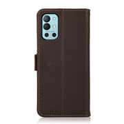 For OnePlus 9R KHAZNEH Side-Magnetic Litchi Genuine Leather RFID Phone Case(Brown)