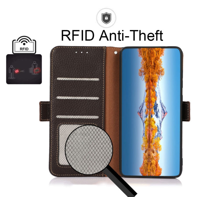 For OnePlus 9R KHAZNEH Side-Magnetic Litchi Genuine Leather RFID Phone Case(Brown) - OnePlus Cases by PMC TechLife | Online Shopping South Africa | PMC TechLife | Buy Now Pay Later Mobicred
