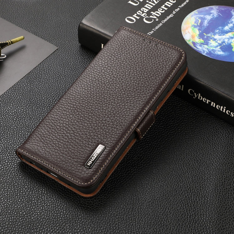 For OnePlus 9R KHAZNEH Side-Magnetic Litchi Genuine Leather RFID Phone Case(Brown) - OnePlus Cases by PMC TechLife | Online Shopping South Africa | PMC TechLife | Buy Now Pay Later Mobicred