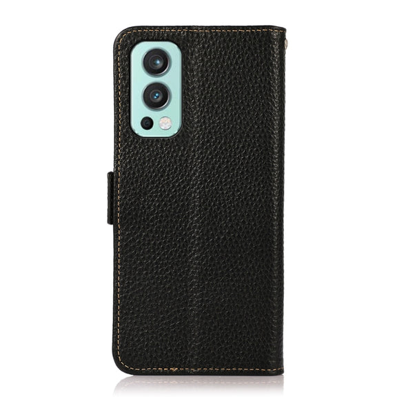 For OnePlus Nord 2 5G KHAZNEH Side-Magnetic Litchi Genuine Leather RFID Phone Case(Black)