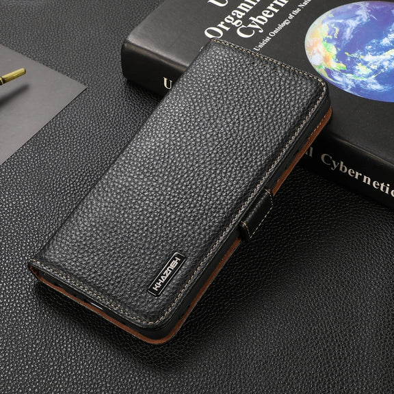 For OnePlus Nord 2 5G KHAZNEH Side-Magnetic Litchi Genuine Leather RFID Phone Case(Black)