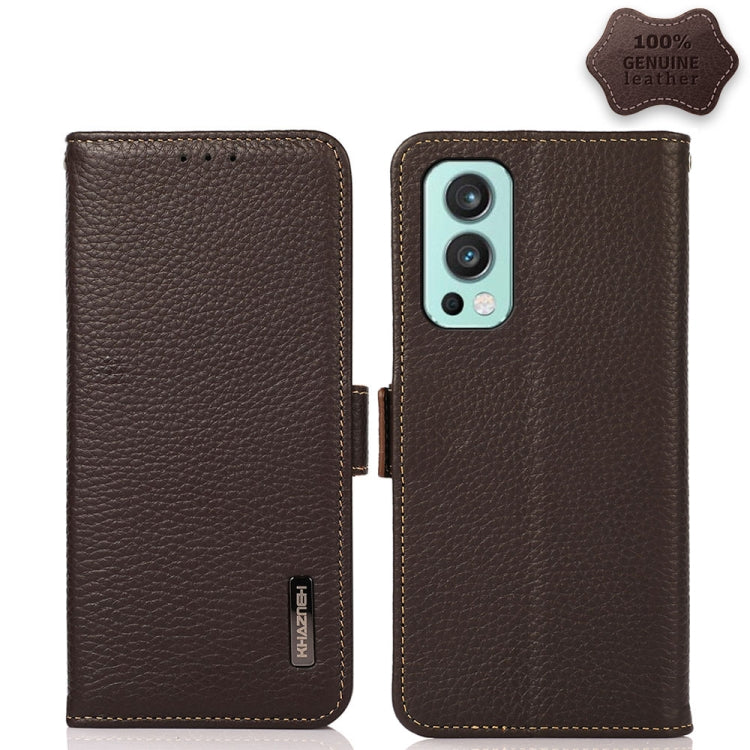 For OnePlus Nord 2 5G KHAZNEH Side-Magnetic Litchi Genuine Leather RFID Phone Case(Brown) - OnePlus Cases by PMC TechLife | Online Shopping South Africa | PMC TechLife | Buy Now Pay Later Mobicred