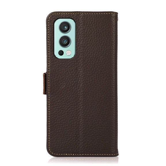 For OnePlus Nord 2 5G KHAZNEH Side-Magnetic Litchi Genuine Leather RFID Phone Case(Brown)