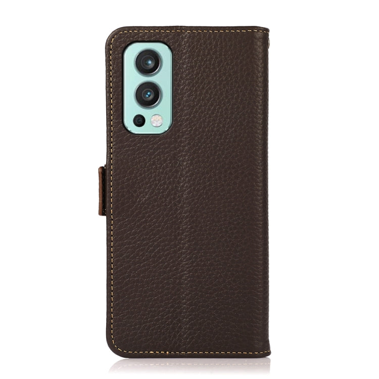 For OnePlus Nord 2 5G KHAZNEH Side-Magnetic Litchi Genuine Leather RFID Phone Case(Brown)