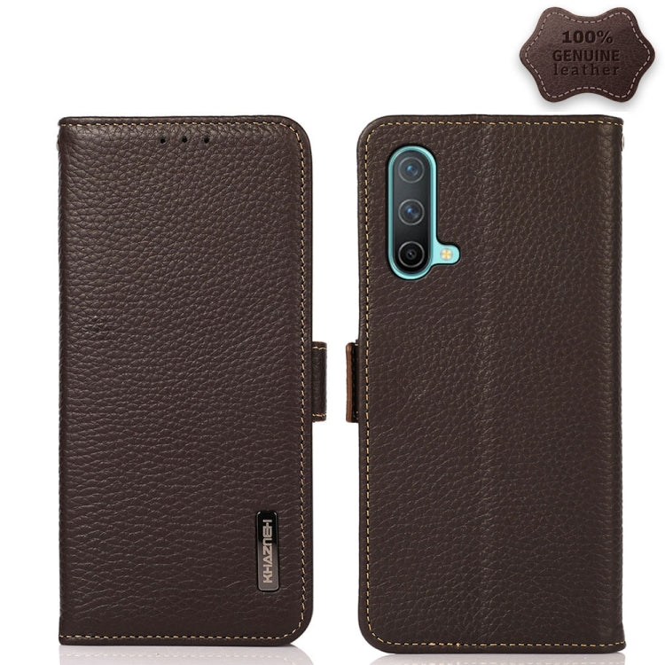 For OnePlus Nord CE 5G KHAZNEH Side-Magnetic Litchi Genuine Leather RFID Phone Case(Brown) - OnePlus Cases by PMC TechLife | Online Shopping South Africa | PMC TechLife | Buy Now Pay Later Mobicred