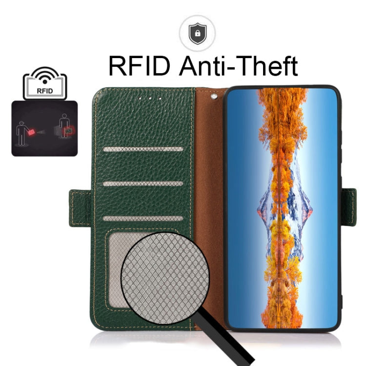 For Nokia G300 KHAZNEH Side-Magnetic Litchi Genuine Leather RFID Phone Case(Green)