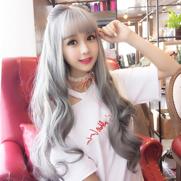 Air Bangs Fluffy Long Curly Hair Wig Rose Net Headgear for Women(Granny Grey)