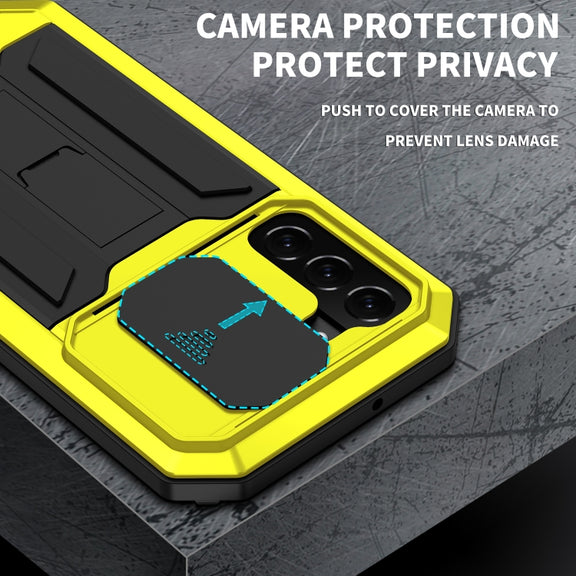 For Samsung Galaxy S22 5G R-JUST Sliding Camera Metal + Silicone Holder Phone Case(Yellow)