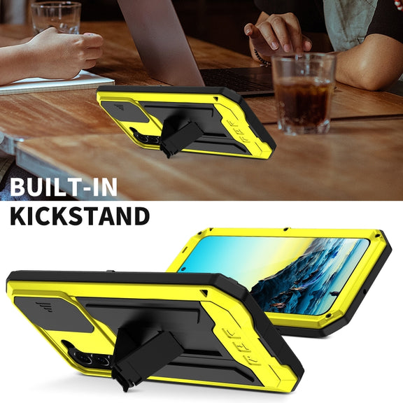 For Samsung Galaxy S22 5G R-JUST Sliding Camera Metal + Silicone Holder Phone Case(Yellow)