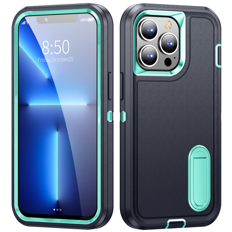 For iPhone 12 / 12 Pro 3 in 1 Rugged Holder Phone Case(Dark Blue+Light Blue) - iPhone 12 / 12 Pro Cases by PMC TechLife | Online Shopping South Africa | PMC TechLife
