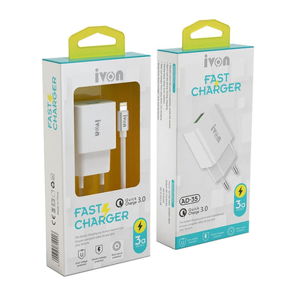 IVON AD-35 2 in 1 18W QC3.0 USB Port Travel Charger + 1m USB to USB-C / Type-C Data Cable Set, EU Plug(White) - free shipping - PMC Jewellery - Order now!