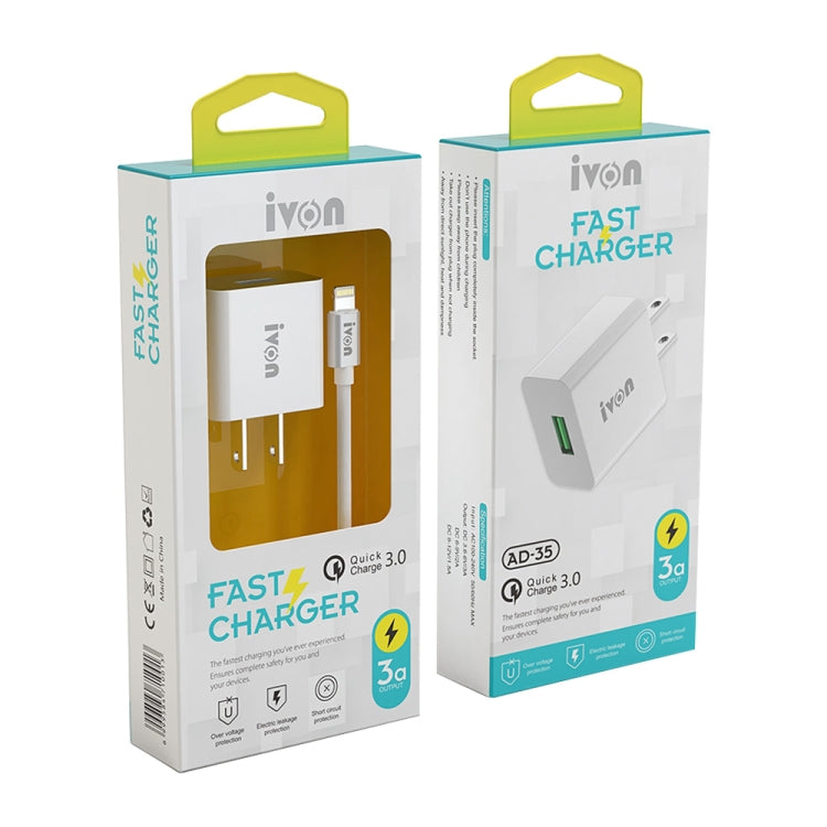 IVON AD-35 2 in 1 18W QC3.0 USB Port Travel Charger + 1m USB to USB-C / Type-C Data Cable Set, US Plug(White) - USB Charger by IVON | Online Shopping South Africa | PMC Jewellery | Buy Now Pay Later Mobicred