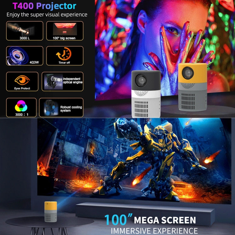 T400 100 inch Screen 3000 Lumens LED Mini Projector, Plug Type:UK Plug(Black White)