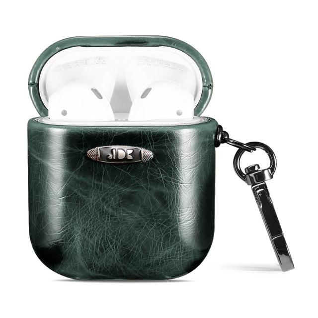 Oil Wax Leather Texture Earphone Protective Case with Hang Buckle For AirPods 1 / 2(Dark Green)