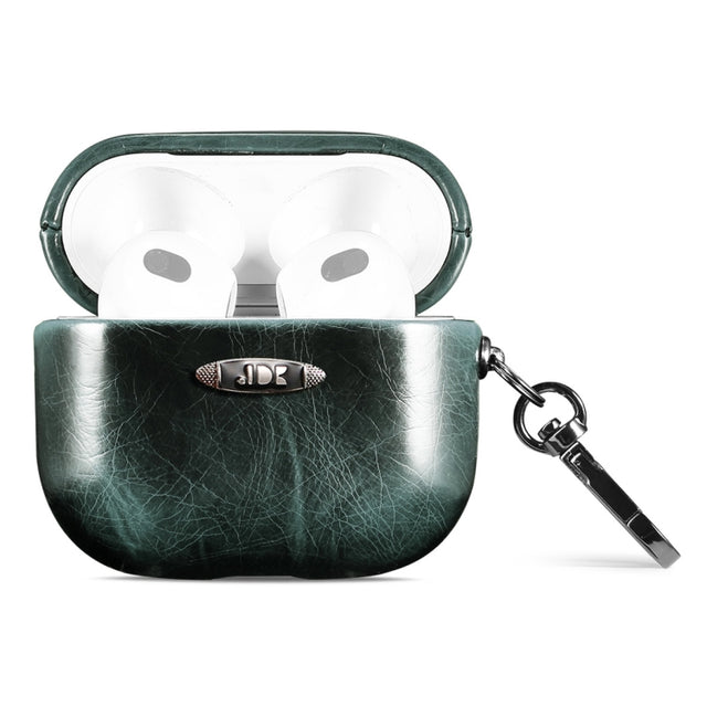 Oil Wax Leather Texture Earphone Protective Case with Hang Buckle For AirPods 3(Dark Green)