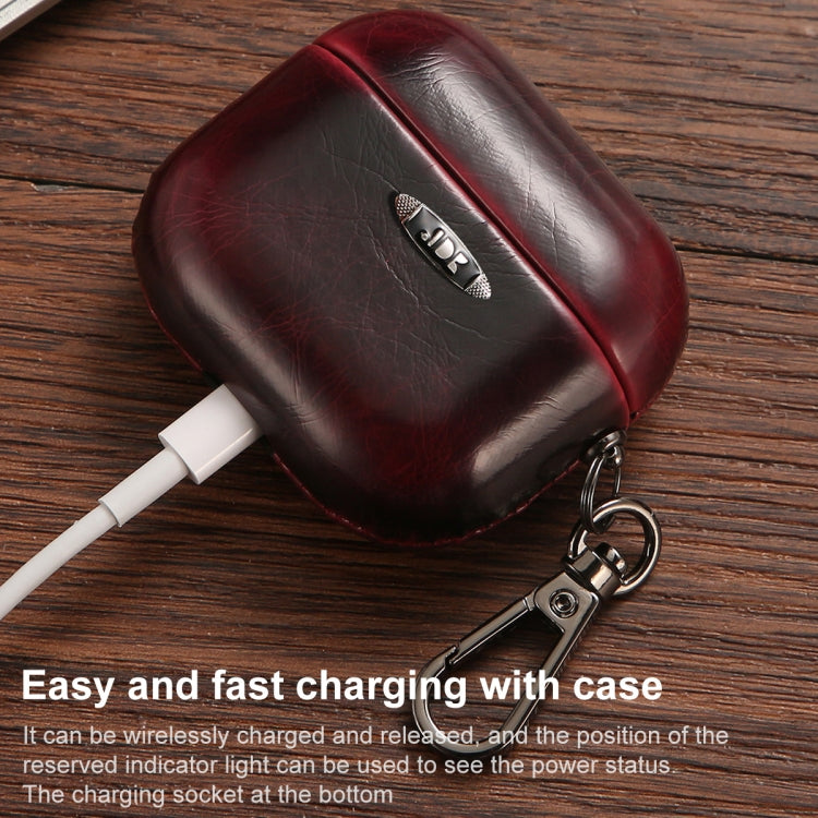 Oil Wax Leather Texture Earphone Protective Case with Hang Buckle For AirPods 3(Red)