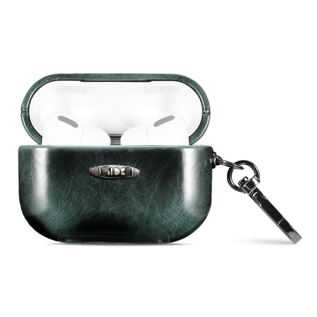 Oil Wax Leather Texture Earphone Protective Case with Hang Buckle For AirPods Pro(Dark Green)