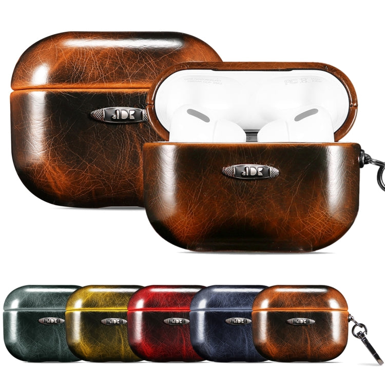 Oil Wax Leather Texture Earphone Protective Case with Hang Buckle For AirPods Pro(Dark Green)
