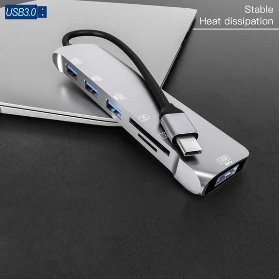 NK-3043H 6 in 1 USB-C / Type-C to TF / SD Card Slot + USB 3.0 + 3 USB 2.0 Female Adapter