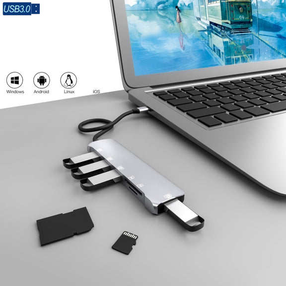 NK-3043H 6 in 1 USB-C / Type-C to TF / SD Card Slot + USB 3.0 + 3 USB 2.0 Female Adapter