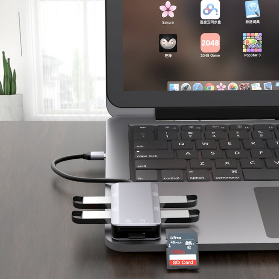 NK-3049 6 in 1 USB-C / Type-C to TF / SD Card Slot + 4 USB Female Adapter(Space Grey)