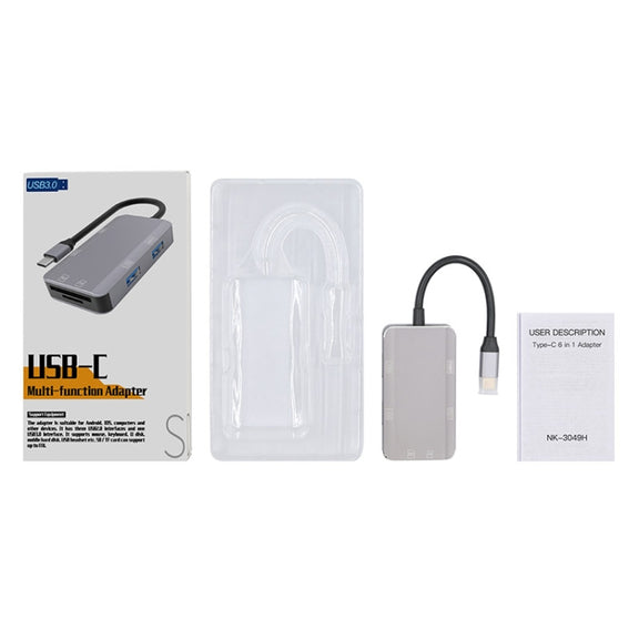 NK-3049H 6 in 1 USB-C / Type-C to TF / SD Card Slot + USB 3.0 + 3 USB 2.0 Female Adapter(Space Grey)