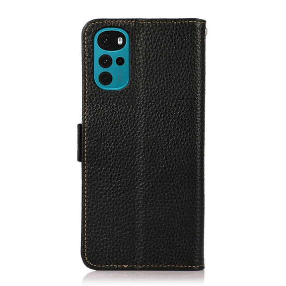 For Motorola Moto G22 KHAZNEH Side-Magnetic Litchi Genuine Leather RFID Phone Case(Black)