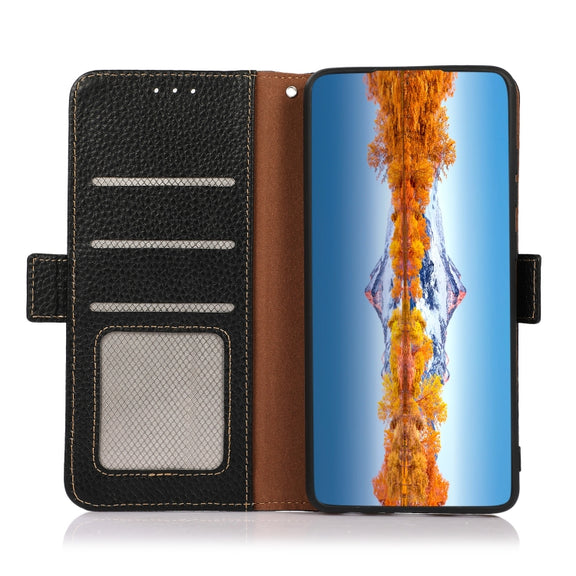 For Motorola Moto G22 KHAZNEH Side-Magnetic Litchi Genuine Leather RFID Phone Case(Black)