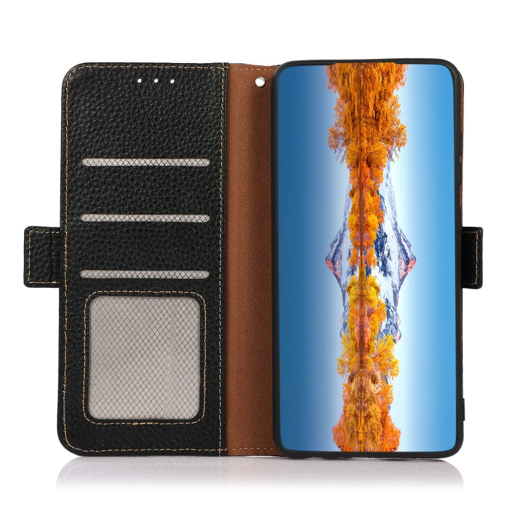 For Motorola Moto G22 KHAZNEH Side-Magnetic Litchi Genuine Leather RFID Phone Case(Black)