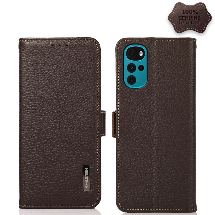 For Motorola Moto G22 KHAZNEH Side-Magnetic Litchi Genuine Leather RFID Phone Case(Brown) - Motorola Cases by PMC TechLife | Online Shopping South Africa | PMC TechLife | Buy Now Pay Later Mobicred